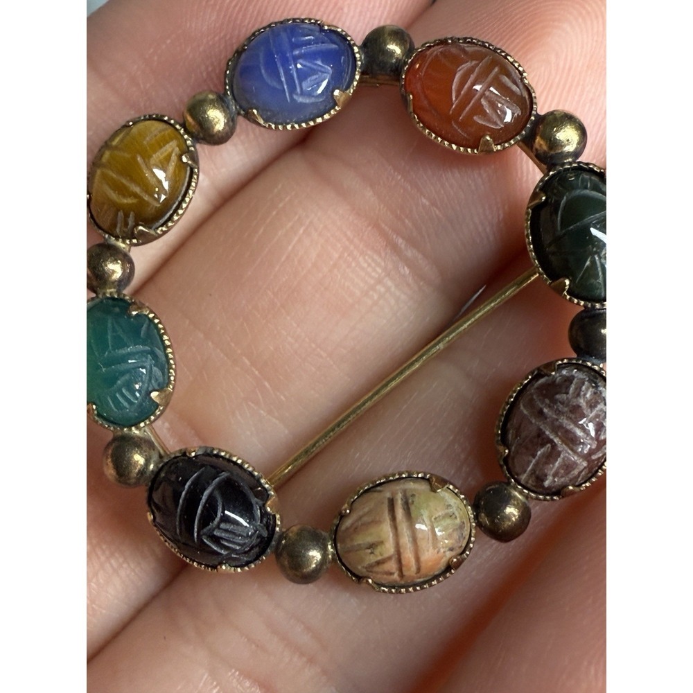 Vintage 12K Golf Filled 8 Carved Stone Scarab Brooch Pin - Picture 6 of 6